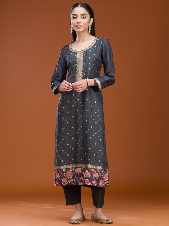Dark Grey Stonework (Gold) Soft Raw Silk Readymade Salwar Suit