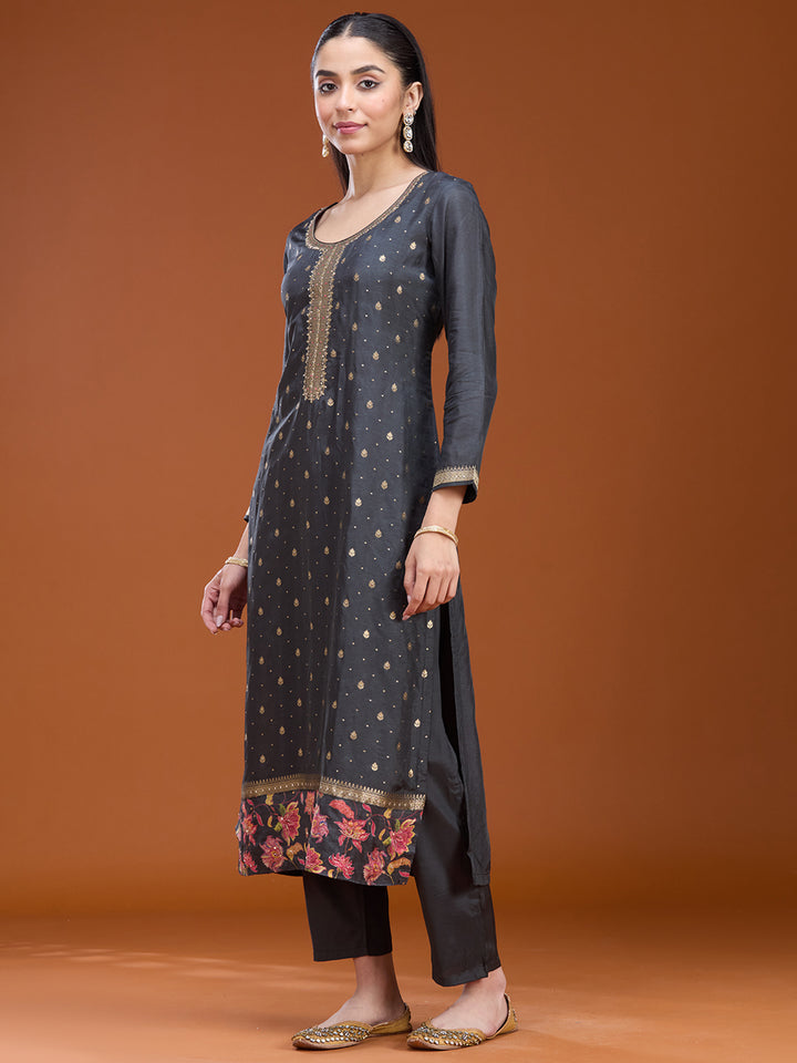Dark Grey Stonework (Gold) Soft Raw Silk Readymade Salwar Suit