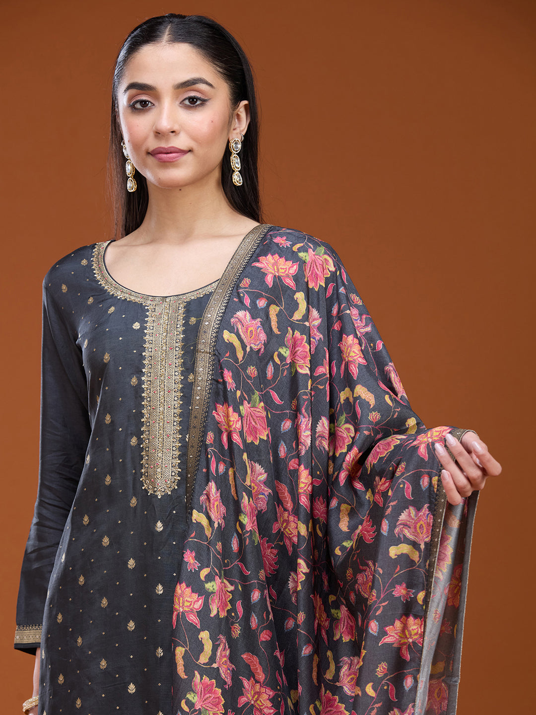 Dark Grey Stonework (Gold) Soft Raw Silk Readymade Salwar Suit