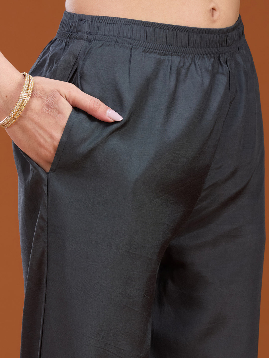 Dark Grey Stonework (Gold) Soft Raw Silk Readymade Salwar Suit