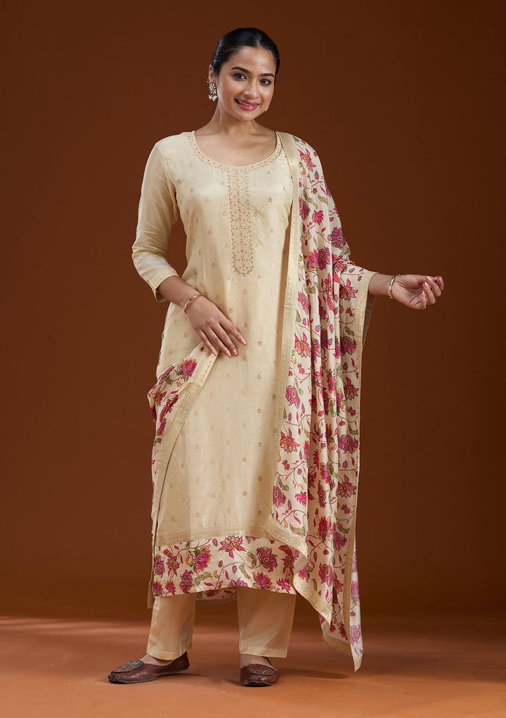 Beige Sequins Soft Raw Silk Readymade Salwar Suit