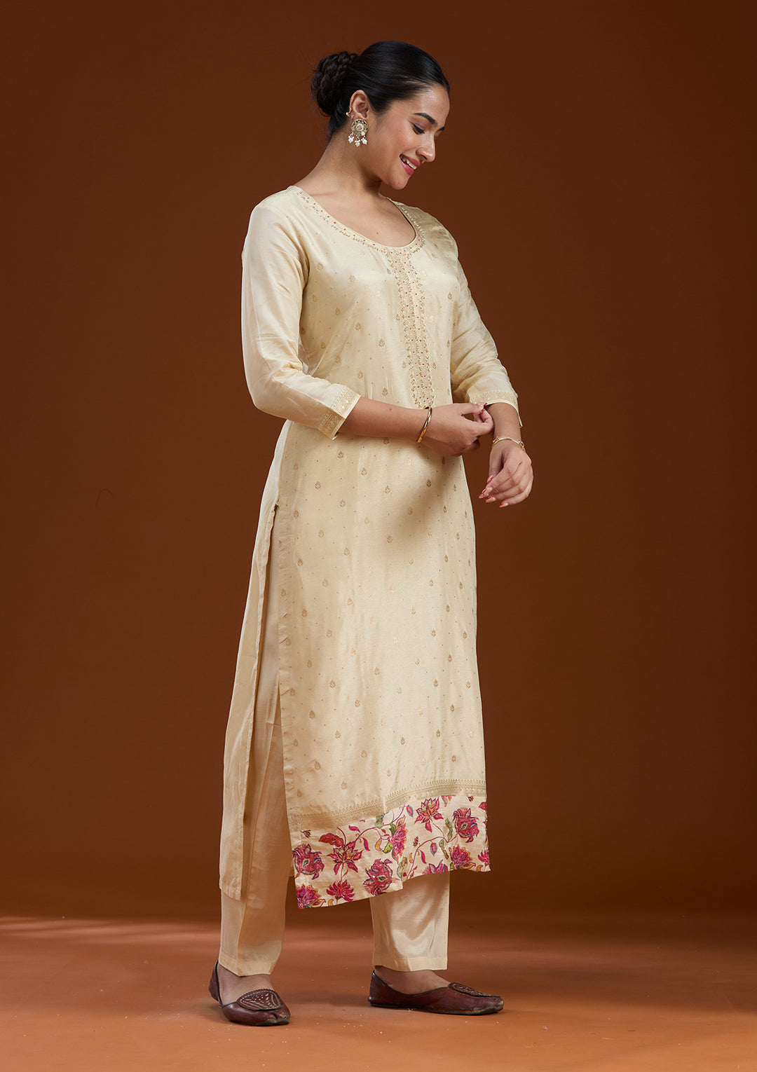 Beige Sequins Soft Raw Silk Readymade Salwar Suit