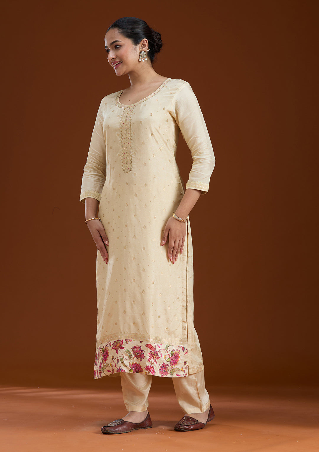 Beige Sequins Soft Raw Silk Readymade Salwar Suit