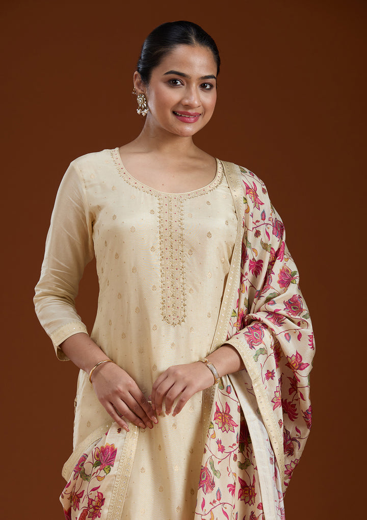 Beige Sequins Soft Raw Silk Readymade Salwar Suit