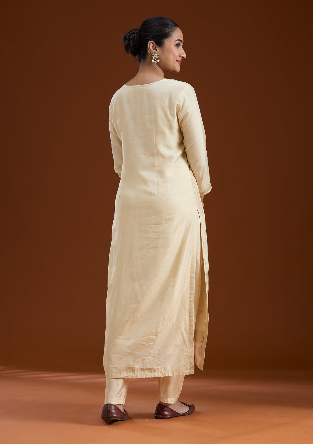 Beige Sequins Soft Raw Silk Readymade Salwar Suit