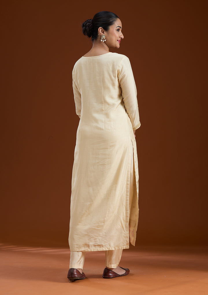 Beige Sequins Soft Raw Silk Readymade Salwar Suit