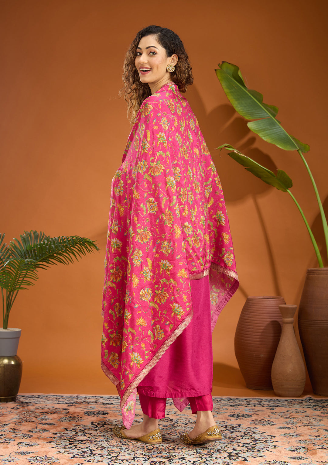 Magenta Pink Threadwork Soft Raw Silk Readymade Salwar Suit