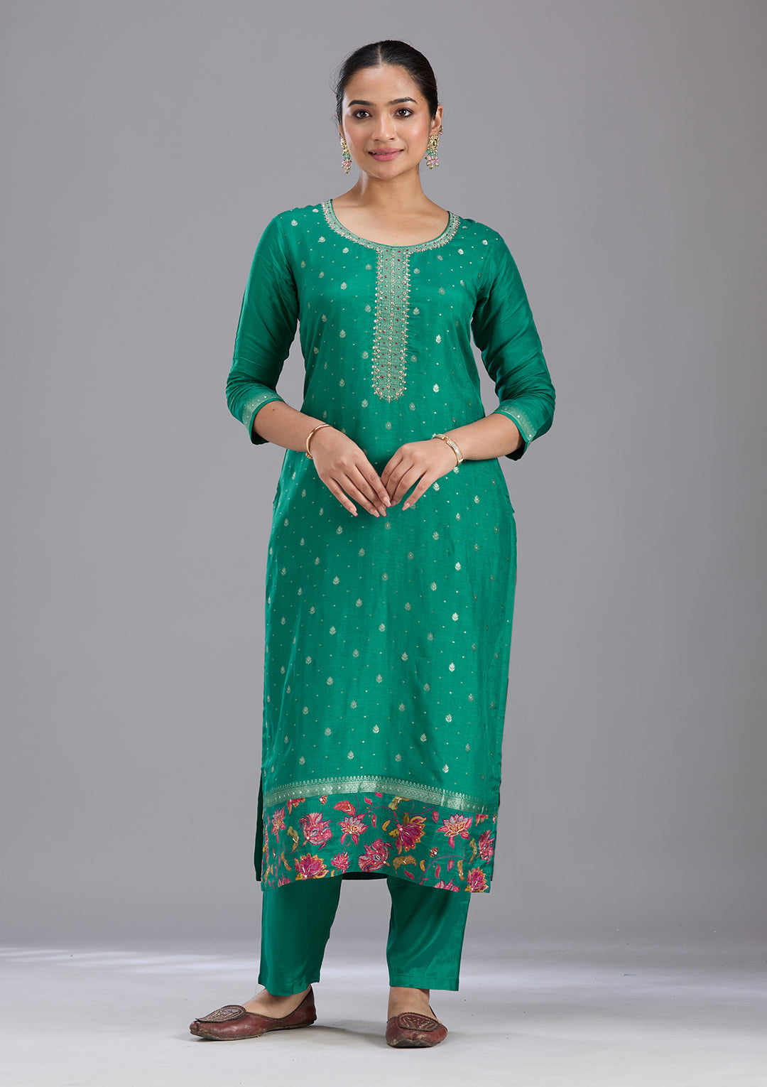 Rama Green Sequins Soft Raw Silk Readymade Salwar Suit