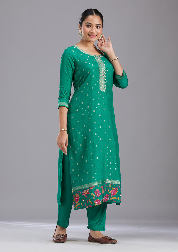 Rama Green Sequins Soft Raw Silk Readymade Salwar Suit
