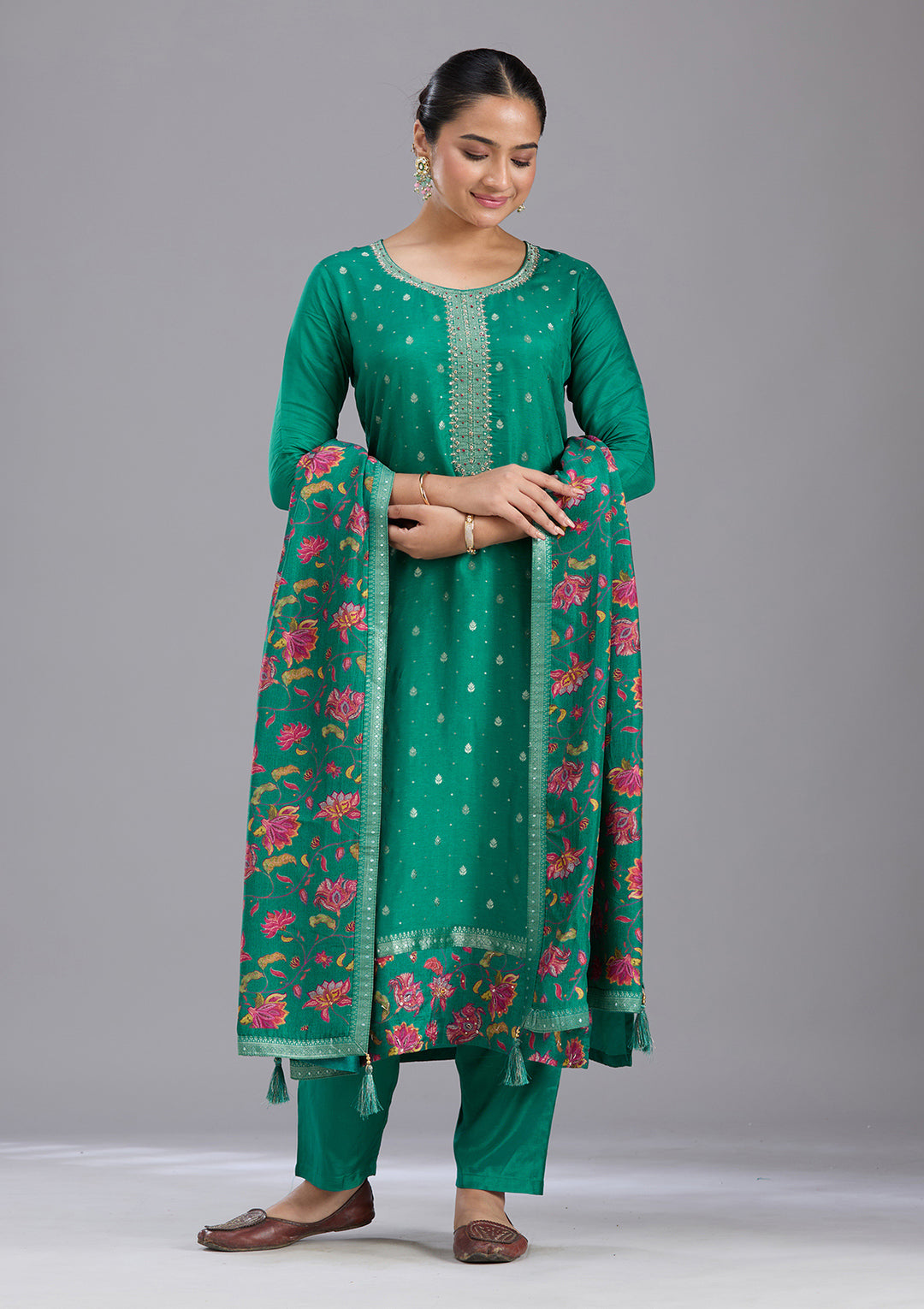 Rama Green Sequins Soft Raw Silk Readymade Salwar Suit