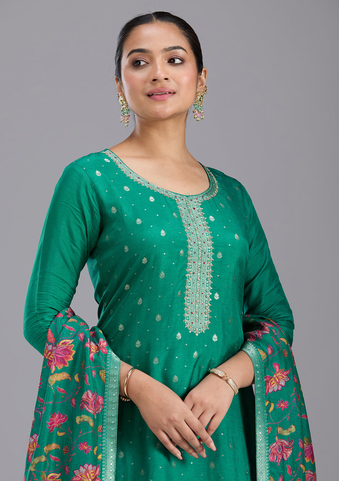 Rama Green Sequins Soft Raw Silk Readymade Salwar Suit