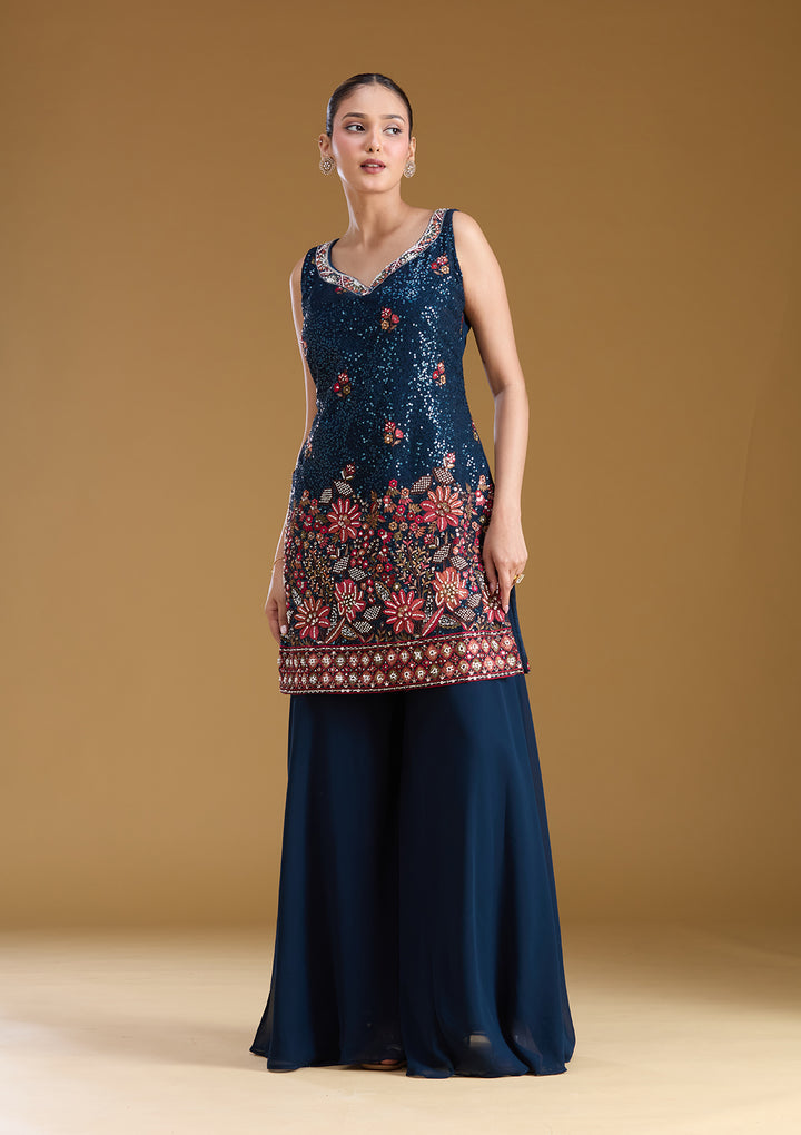Navy Blue Threadwork Georgette Readymade Salwar Suit