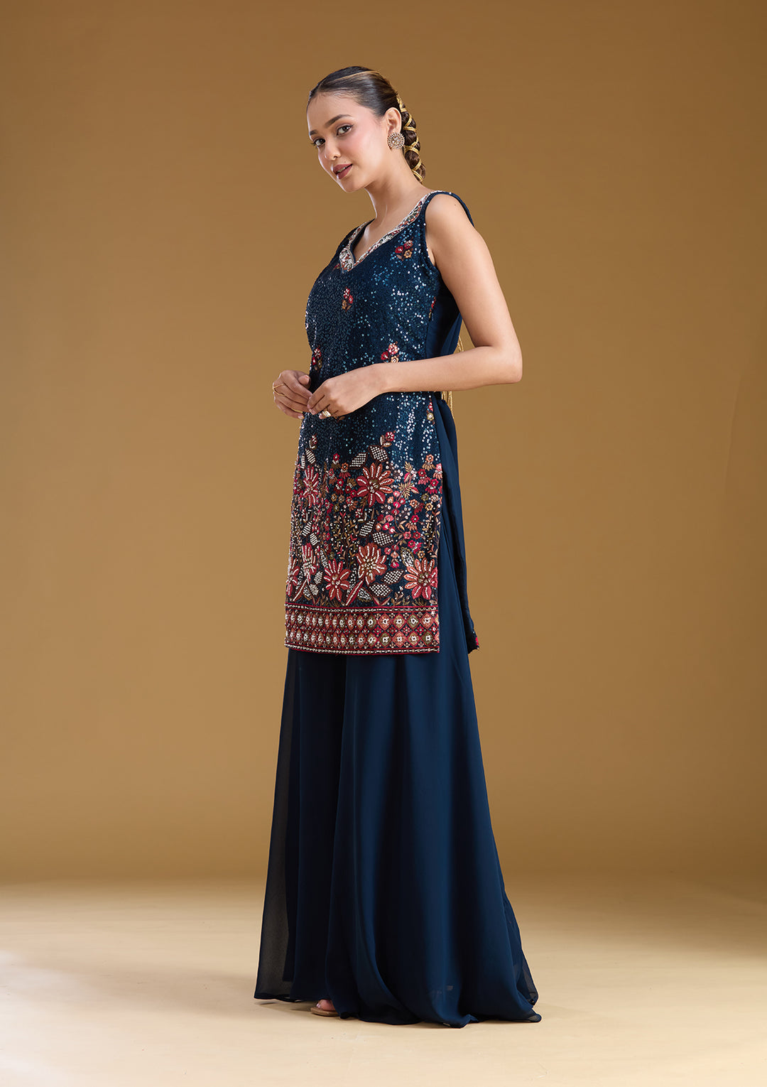 Navy Blue Threadwork Georgette Readymade Salwar Suit