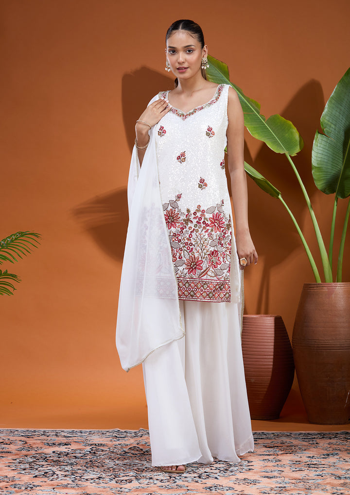 White Threadwork Georgette Readymade Salwar Suit