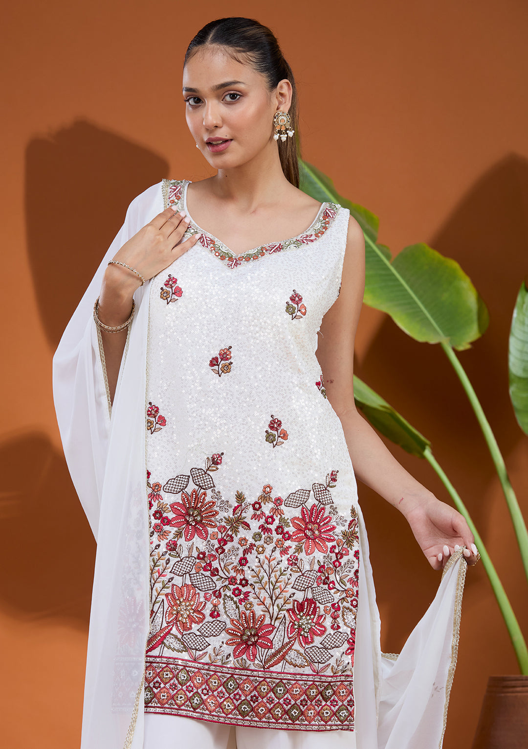 White Threadwork Georgette Readymade Salwar Suit