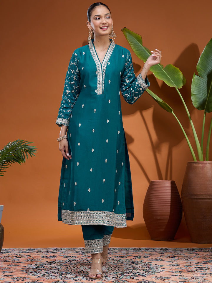 Blue Zariwork (Gold) Soft Raw Silk Readymade Salwar Suit