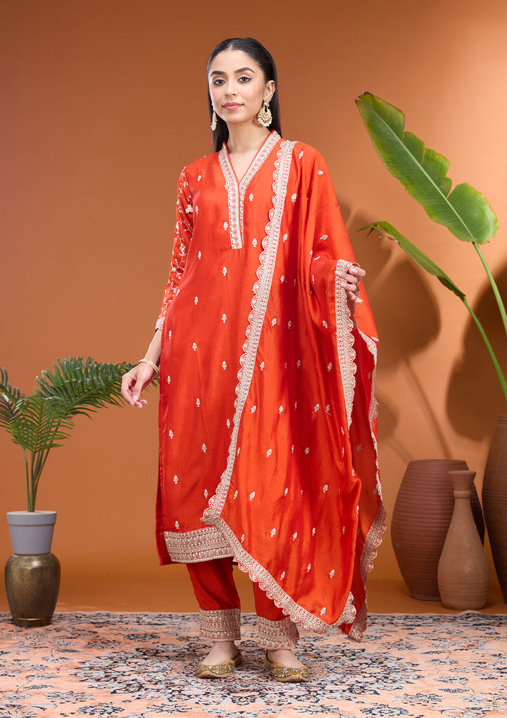 Rust Zariwork (Gold) Soft Raw Silk Readymade Salwar Suit