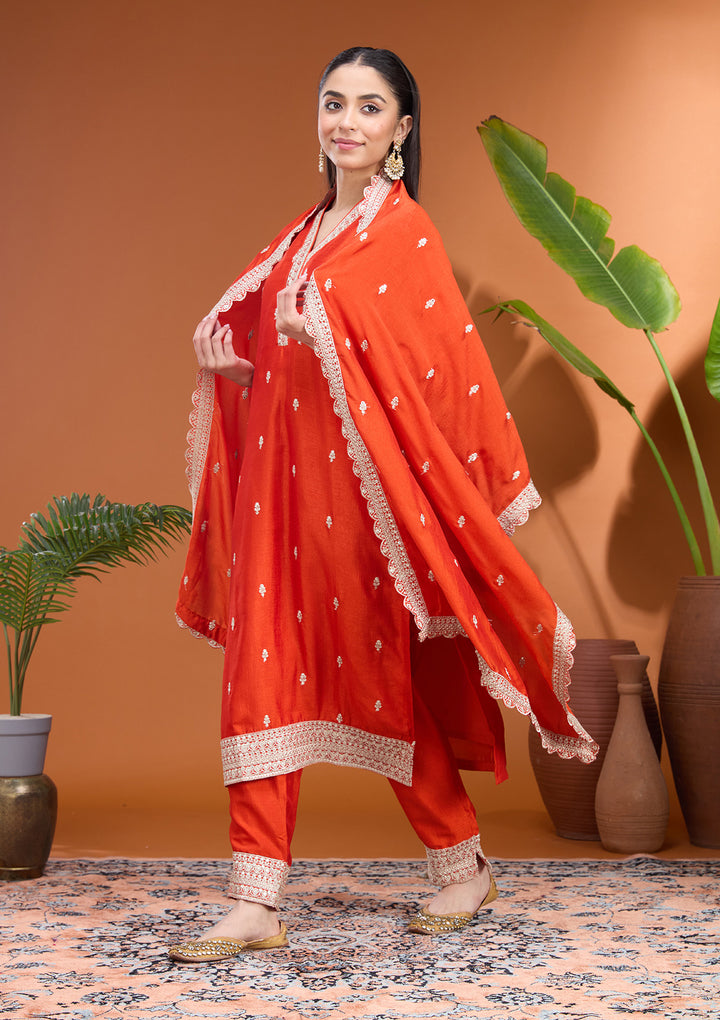 Rust Zariwork (Gold) Soft Raw Silk Readymade Salwar Suit