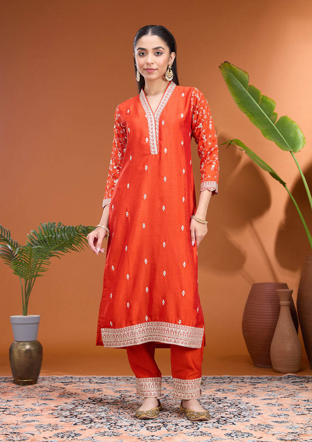 Rust Zariwork (Gold) Soft Raw Silk Readymade Salwar Suit