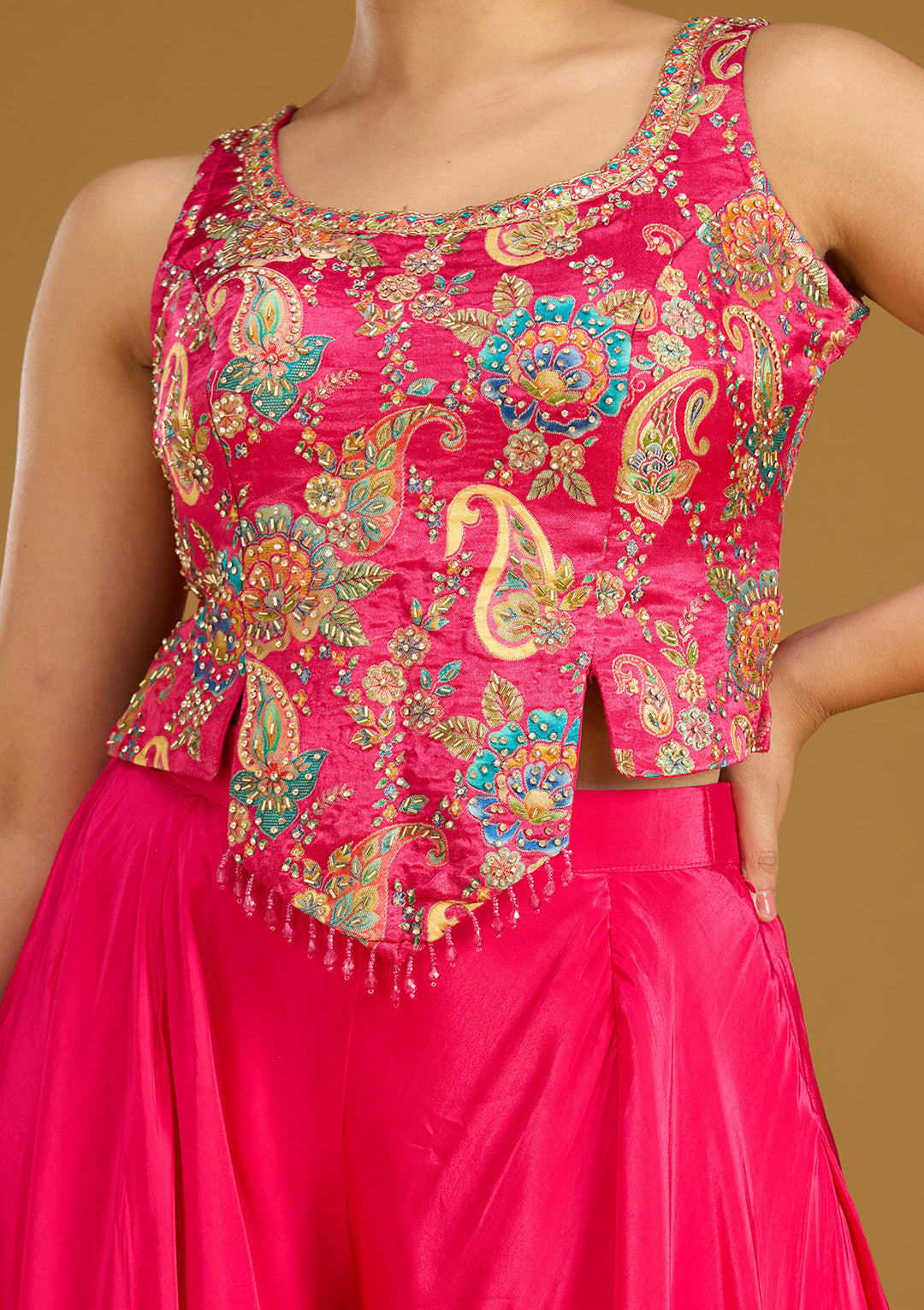 Rani Pink Zariwork (Gold) Chinon Readymade Salwar Suit