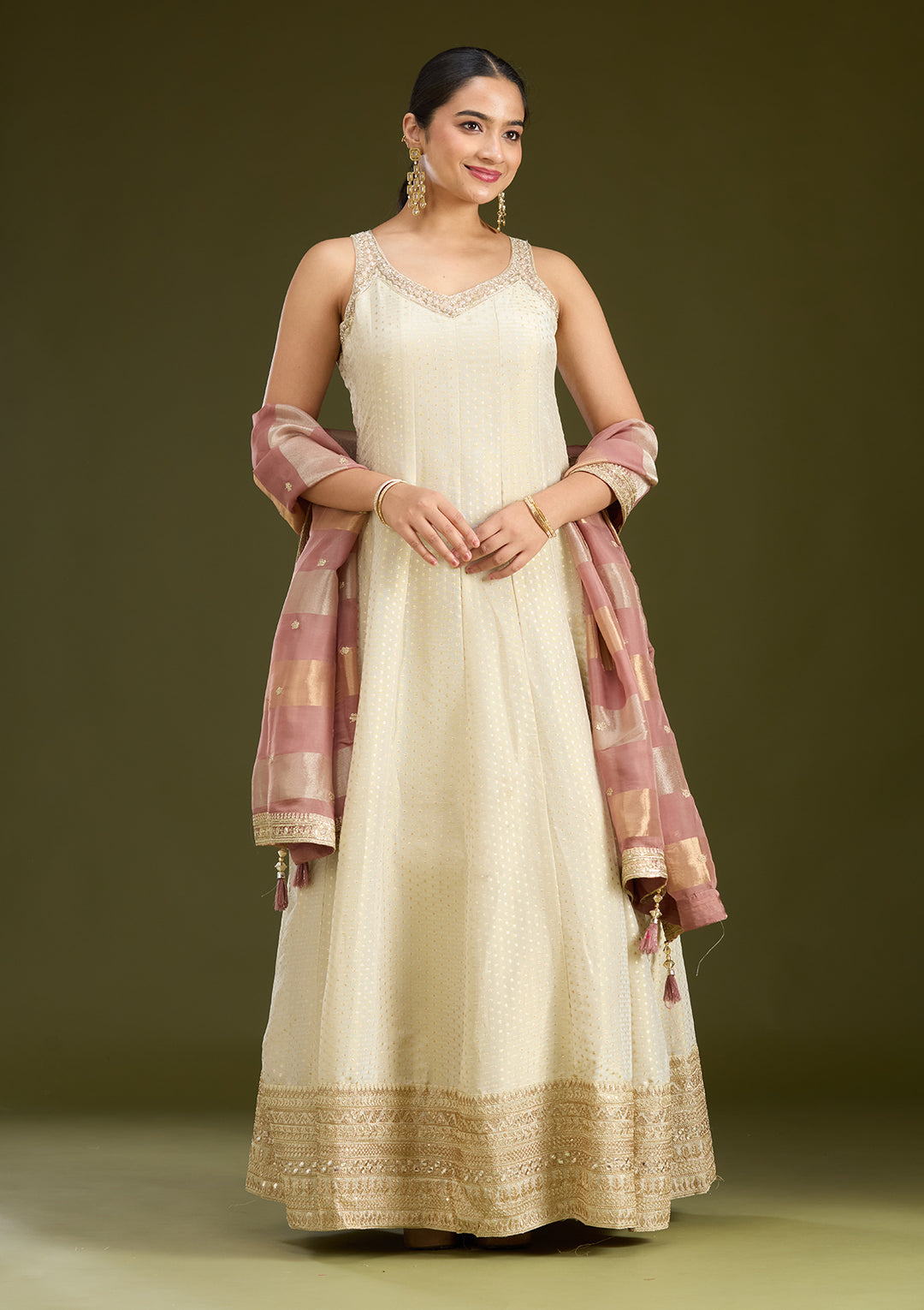 Beige Zariwork (Gold) Crepe Readymade Salwar Suit