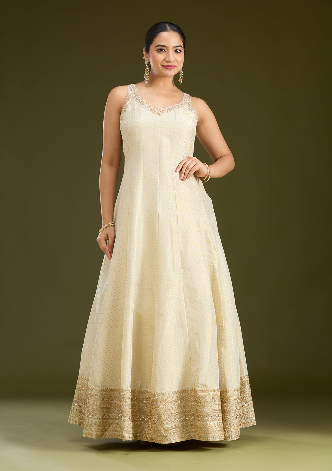 Beige Zariwork (Gold) Crepe Readymade Salwar Suit