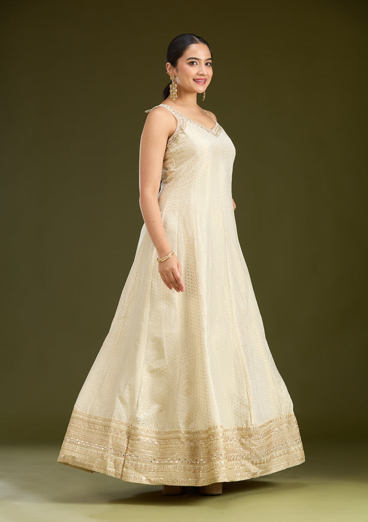 Beige Zariwork (Gold) Crepe Readymade Salwar Suit