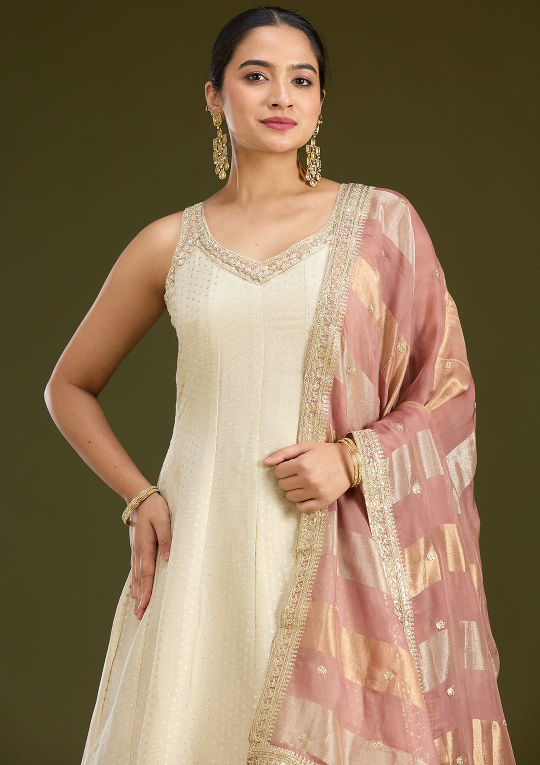 Beige Zariwork (Gold) Crepe Readymade Salwar Suit