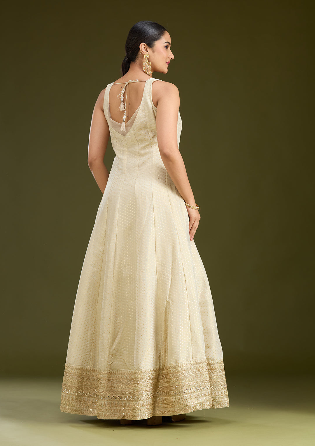 Beige Zariwork (Gold) Crepe Readymade Salwar Suit