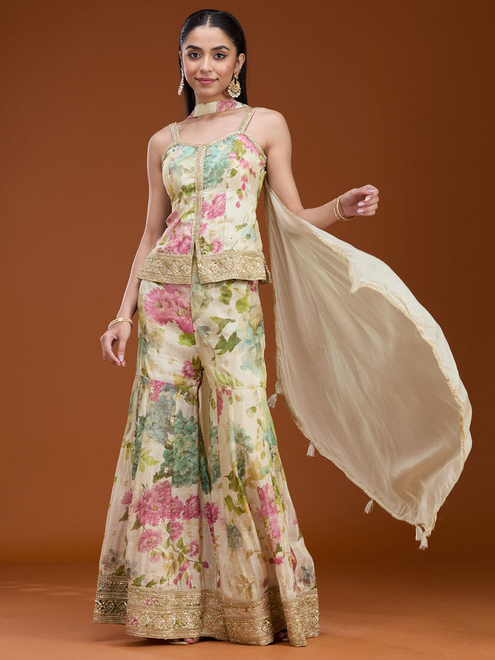 Off White Printed Crepe Readymade Salwar Suit