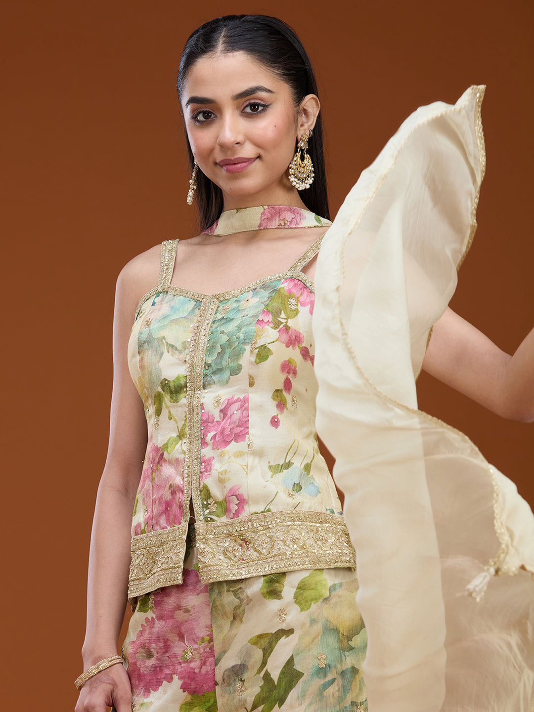 Off White Printed Crepe Readymade Salwar Suit