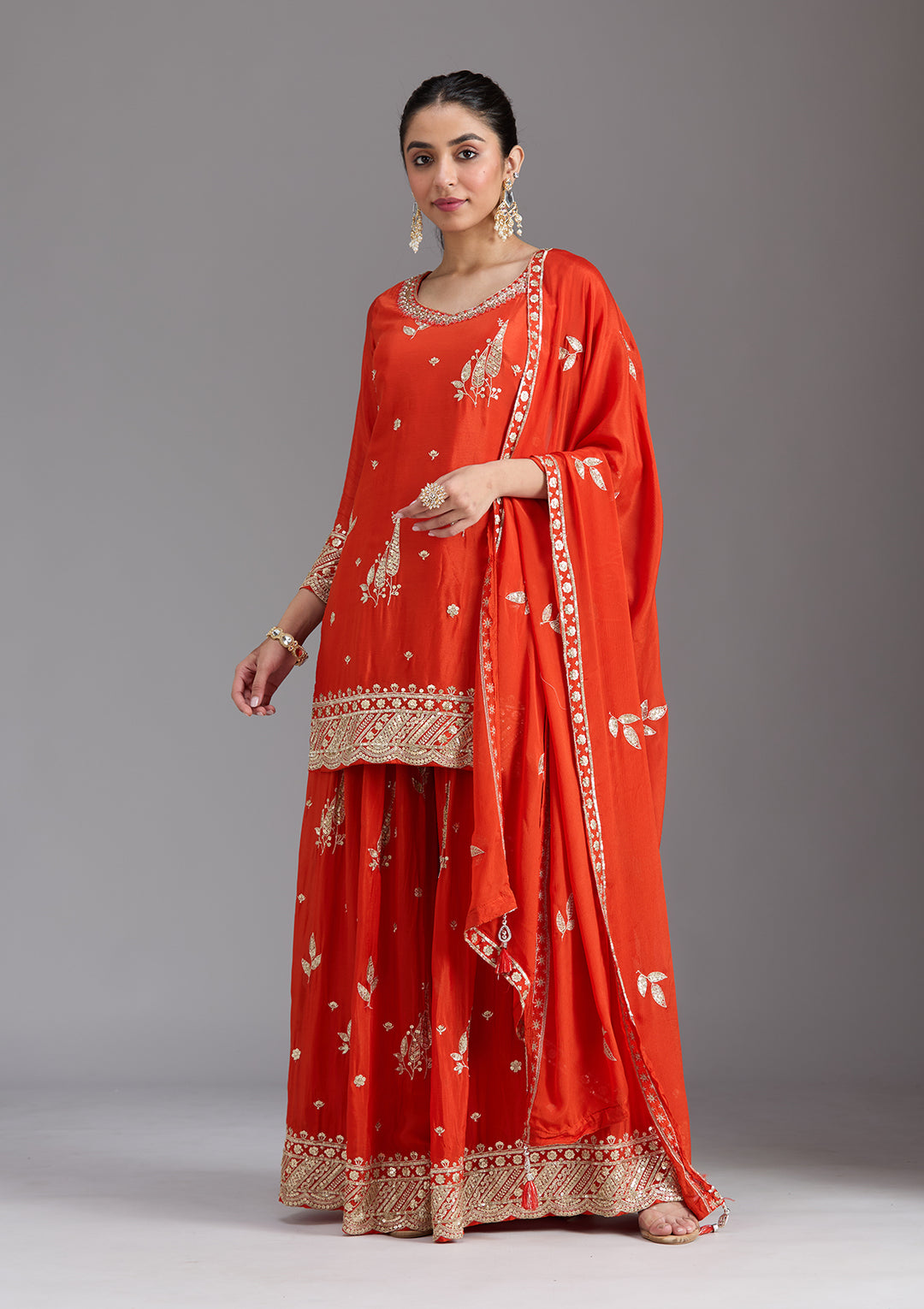 Orange Zariwork (Gold) Chinon Readymade Sharara Suit
