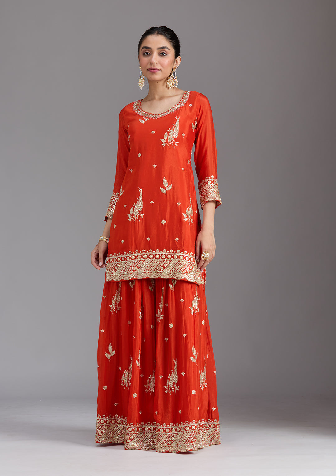 Orange Zariwork (Gold) Chinon Readymade Sharara Suit