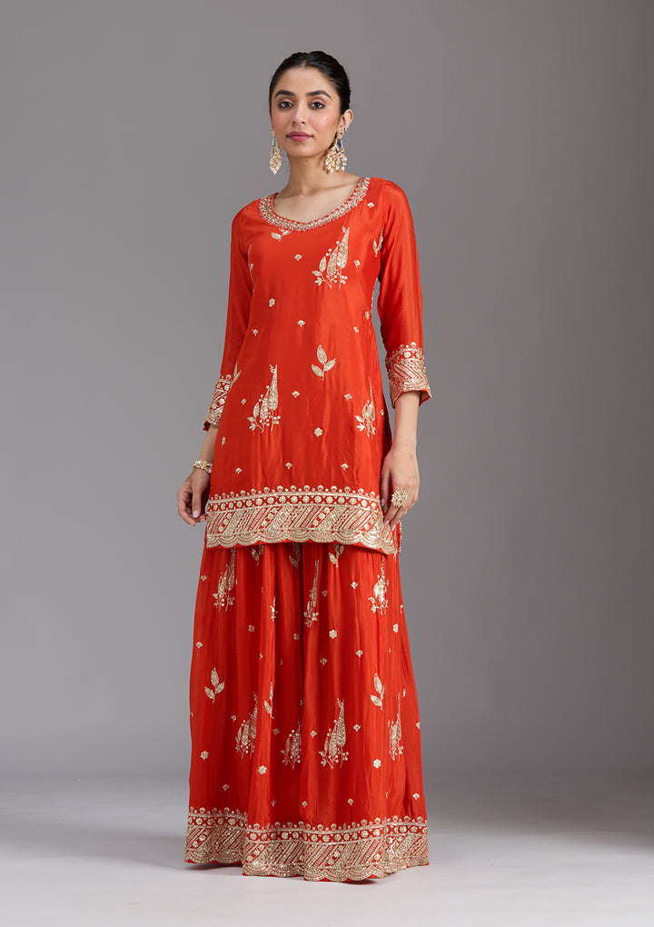 Orange Zariwork (Gold) Chinon Readymade Sharara Suit