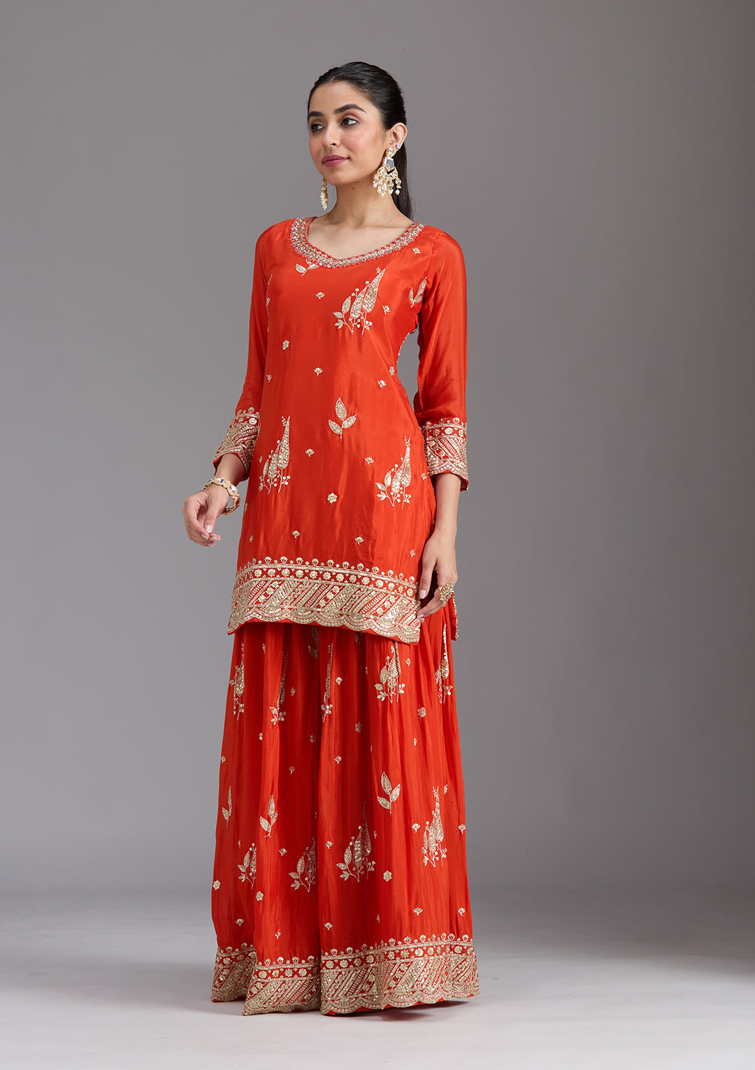 Orange Zariwork (Gold) Chinon Readymade Sharara Suit