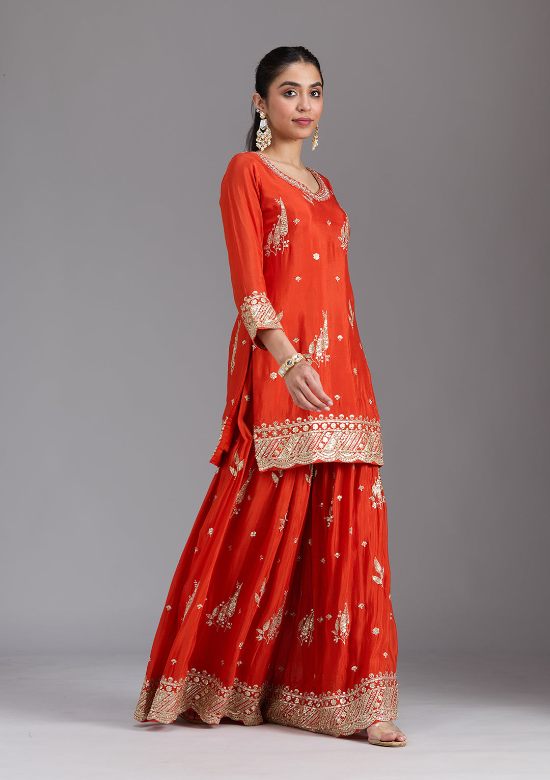 Orange Zariwork (Gold) Chinon Readymade Sharara Suit