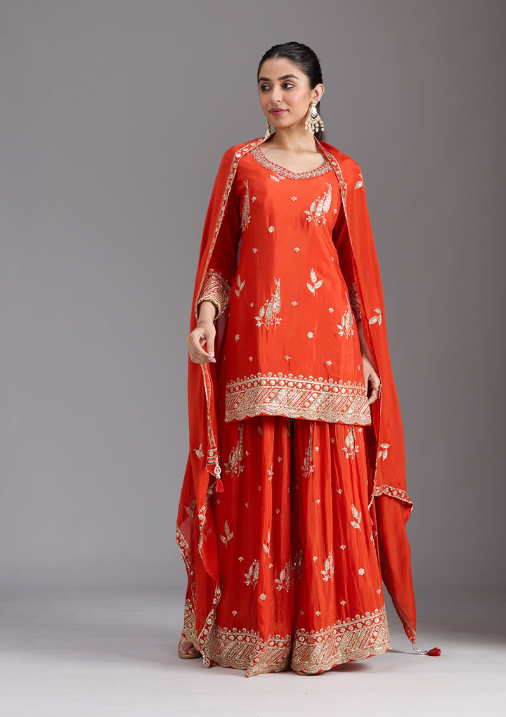 Orange Zariwork (Gold) Chinon Readymade Sharara Suit
