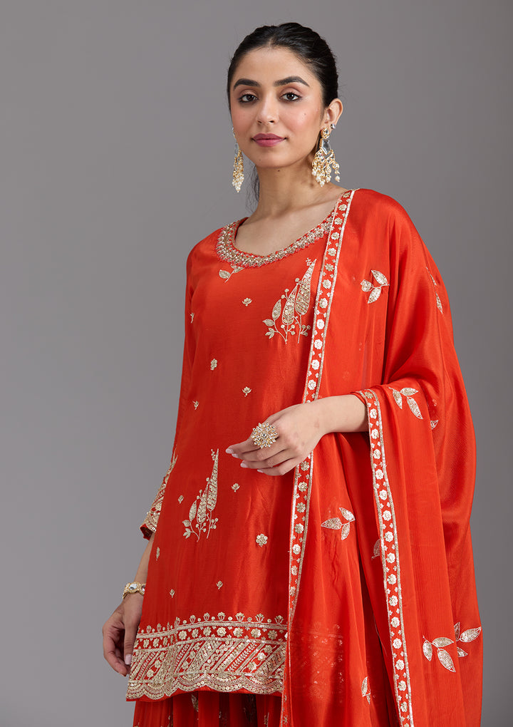 Orange Zariwork (Gold) Chinon Readymade Sharara Suit