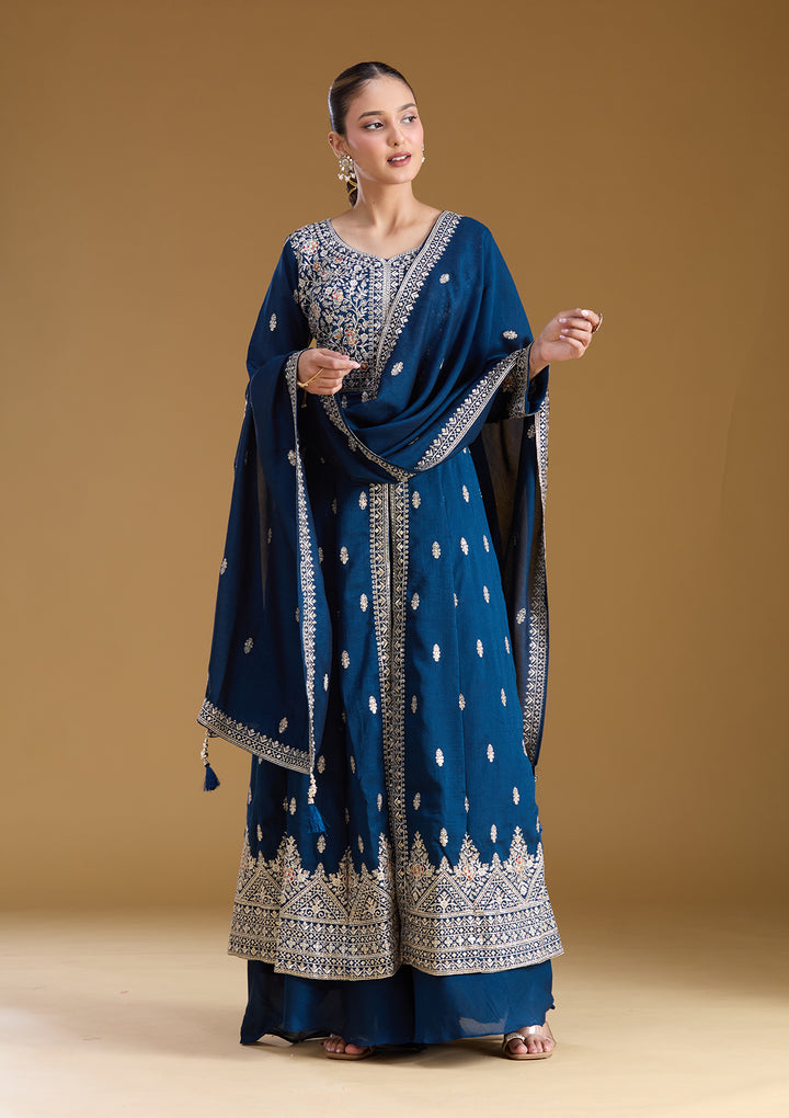 Navy Blue Stonework (Silver) Soft Raw Silk Readymade Salwar Suit