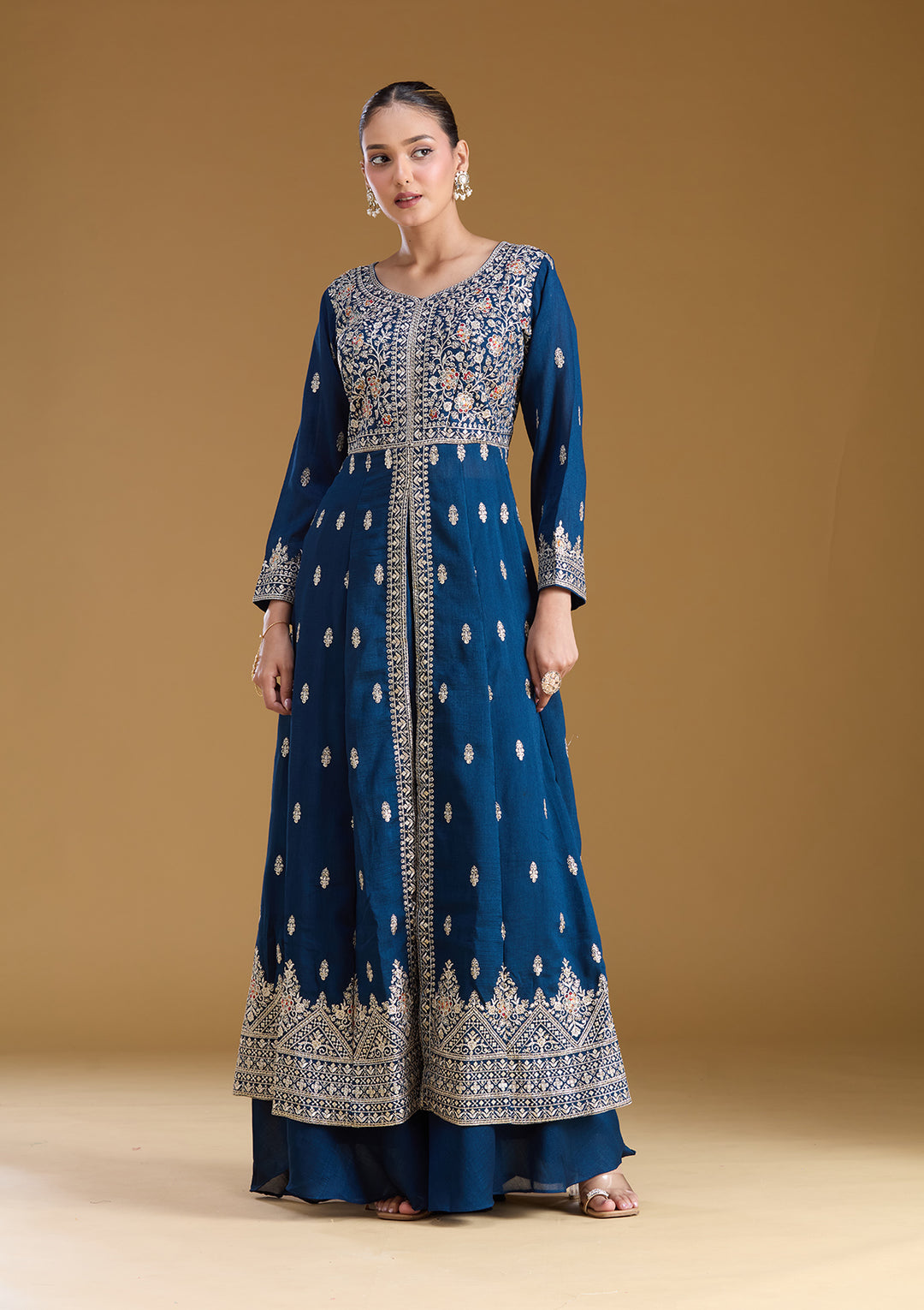 Navy Blue Stonework (Silver) Soft Raw Silk Readymade Salwar Suit