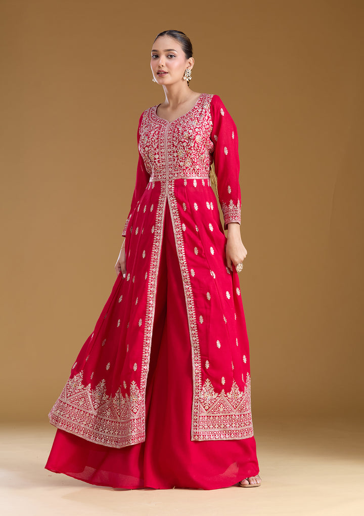 Rani Pink Stonework (Silver) Soft Raw Silk Readymade Salwar Suit