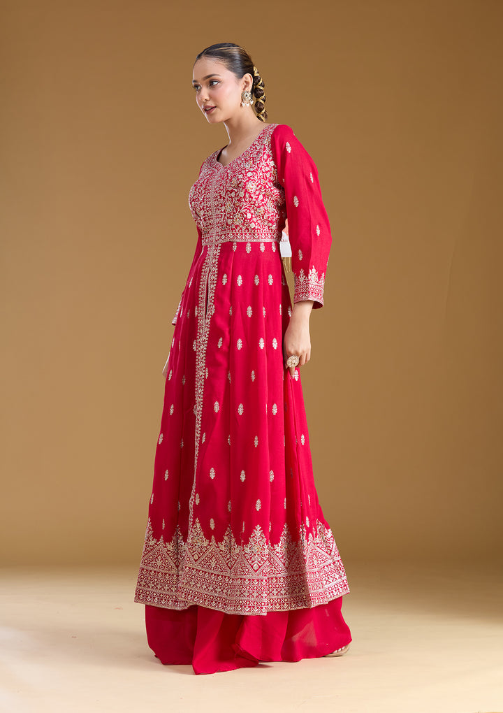 Rani Pink Stonework (Silver) Soft Raw Silk Readymade Salwar Suit