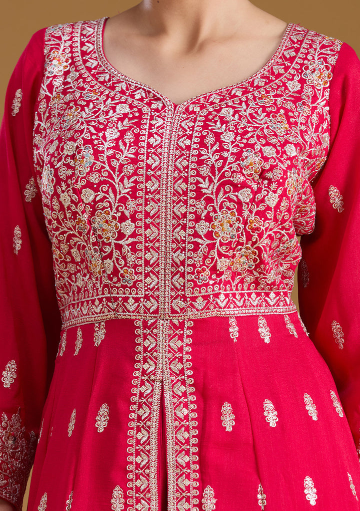 Rani Pink Stonework (Silver) Soft Raw Silk Readymade Salwar Suit