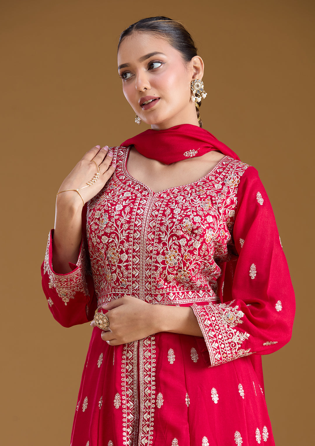 Rani Pink Stonework (Silver) Soft Raw Silk Readymade Salwar Suit