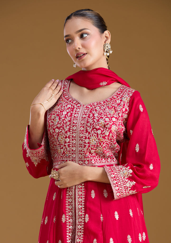 Rani Pink Stonework (Silver) Soft Raw Silk Readymade Salwar Suit