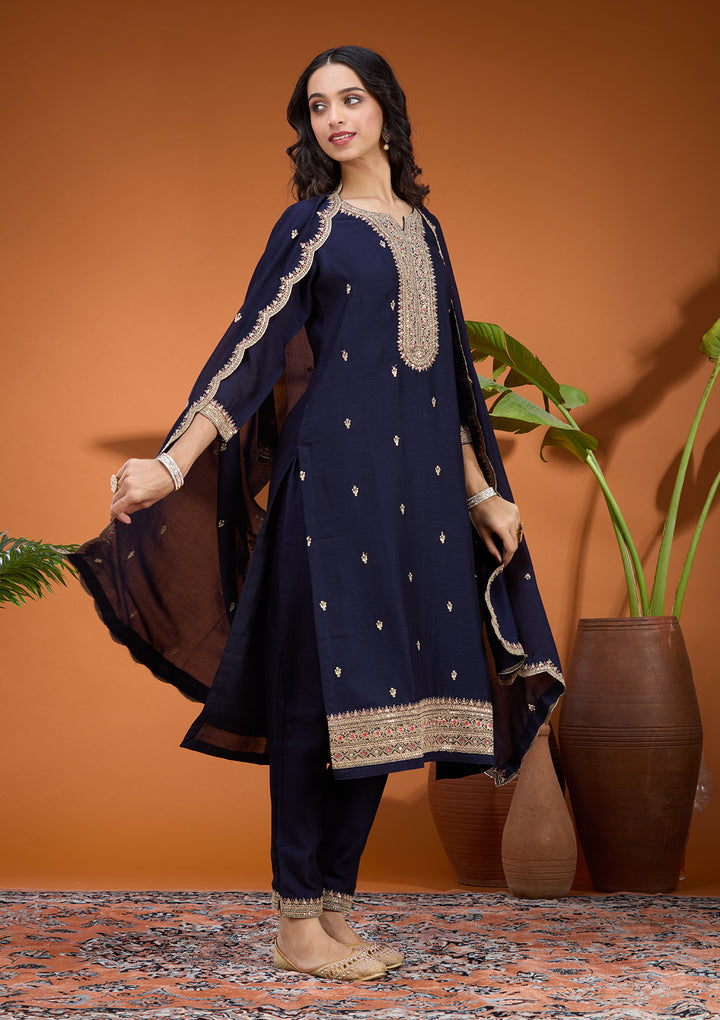 Navy Blue Soft Raw Silk Gold Zariwork Straight Kurta With Pant Regular And Dupatta
