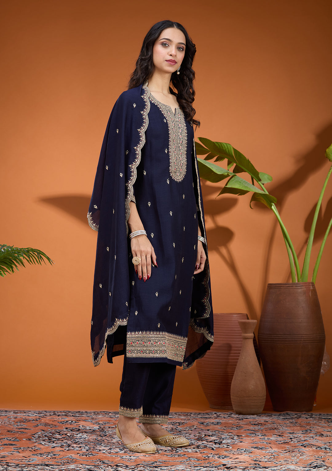Navy Blue Soft Raw Silk Gold Zariwork Straight Kurta With Pant Regular And Dupatta