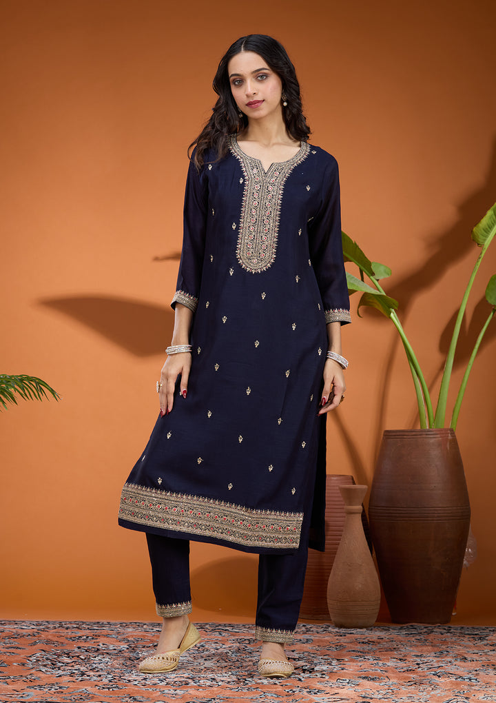 Navy Blue Soft Raw Silk Gold Zariwork Straight Kurta With Pant Regular And Dupatta