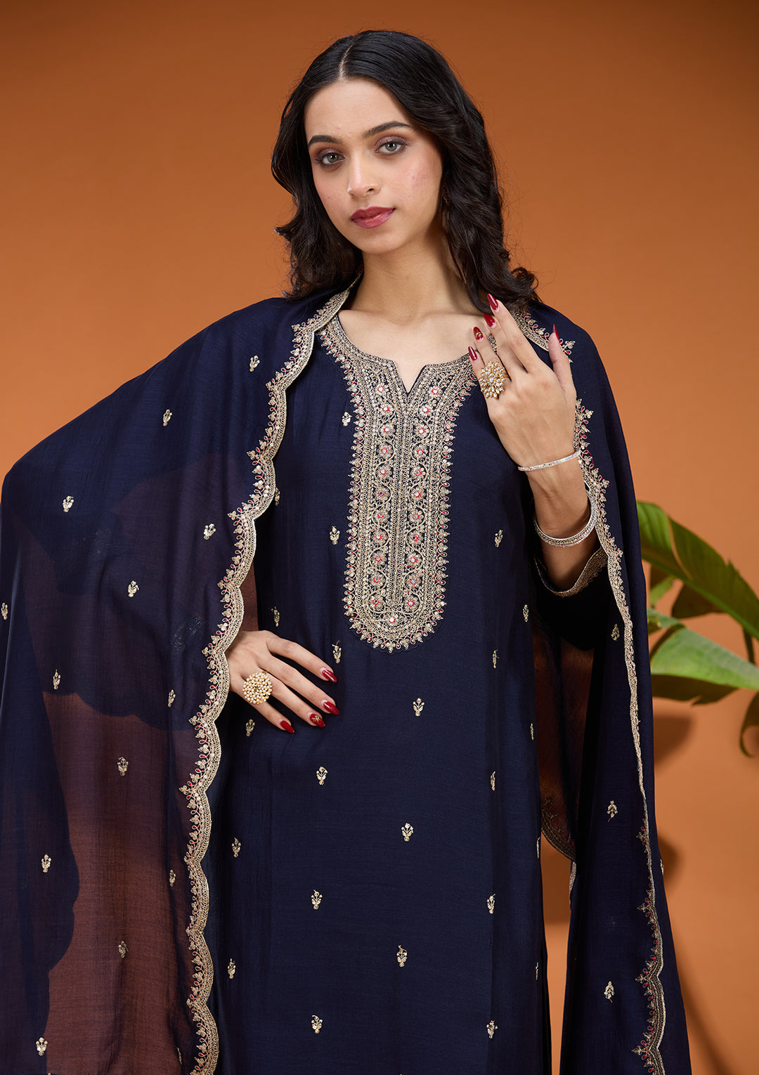 Navy Blue Soft Raw Silk Gold Zariwork Straight Kurta With Pant Regular And Dupatta