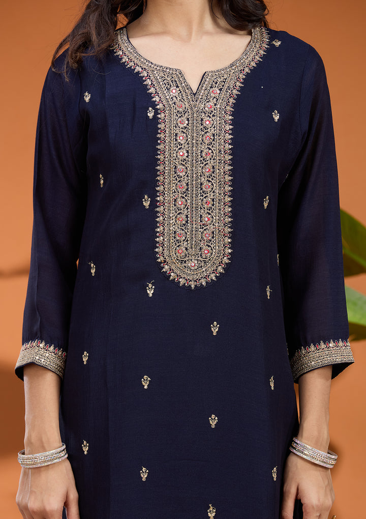 Navy Blue Soft Raw Silk Gold Zariwork Straight Kurta With Pant Regular And Dupatta